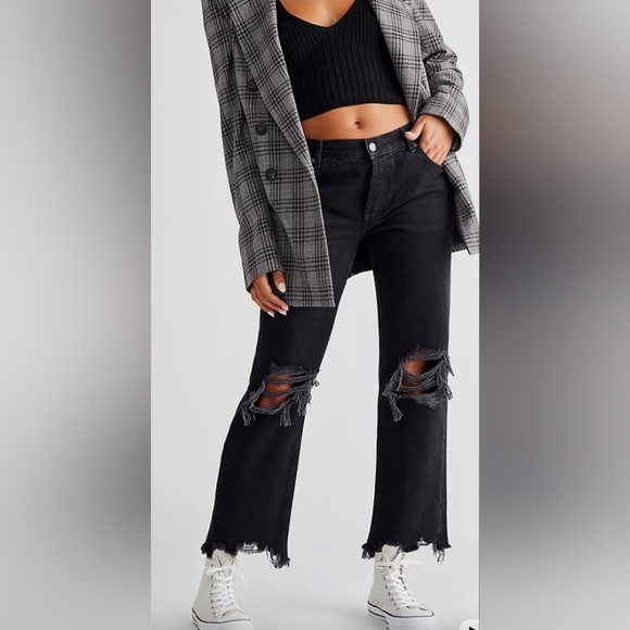 Free People Denim - Free People Maggie Mid-Rise Button Fly Crop Straight-Leg Jeans Black Size 30
